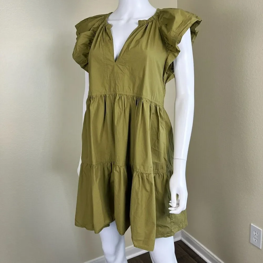 Marie Oliver Women Size XS Green Kara Tiered Cotton Babydoll Mini Pullover Dress